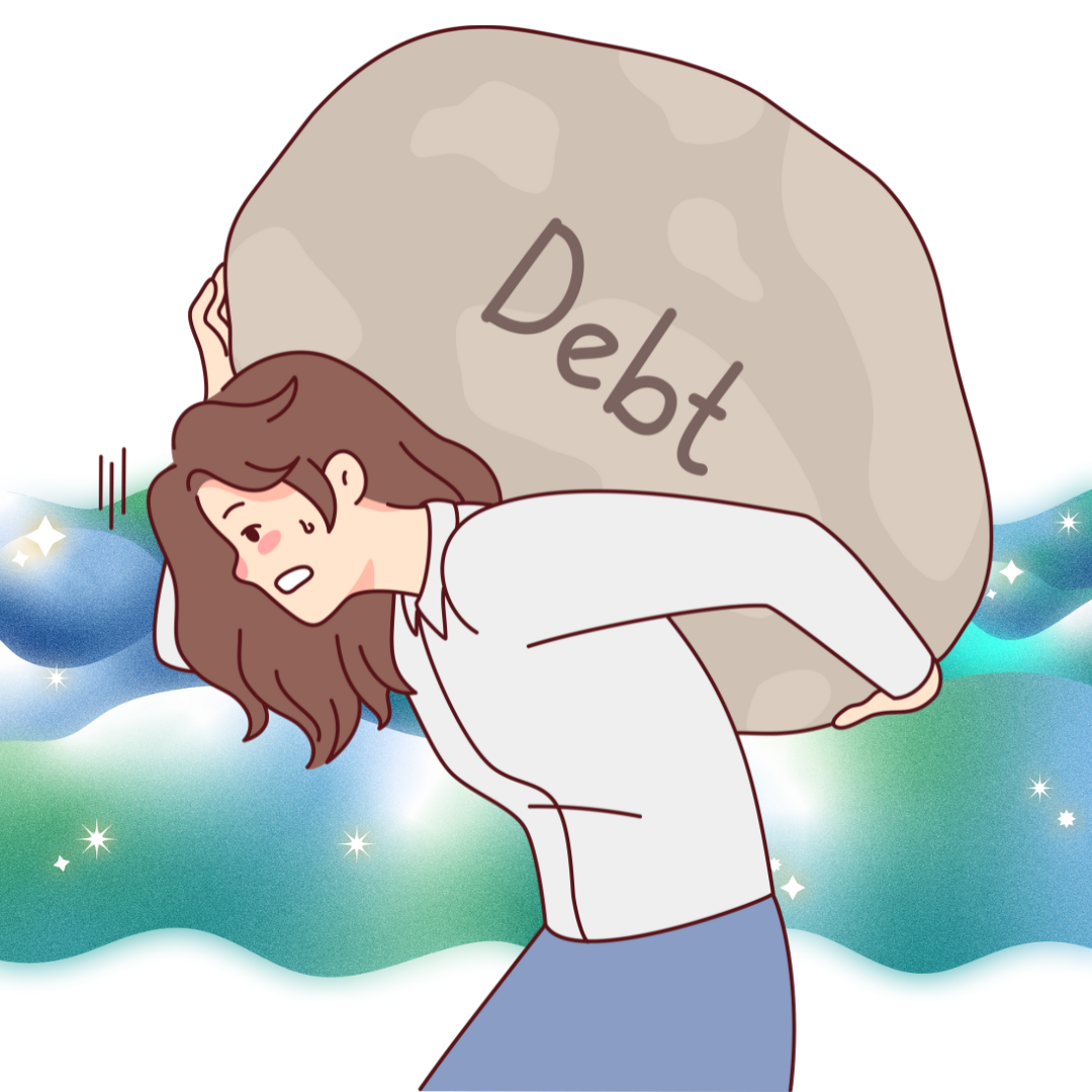 Image of a grimacing white woman bent over and carrying a heavy rock on her back labeled "debt"