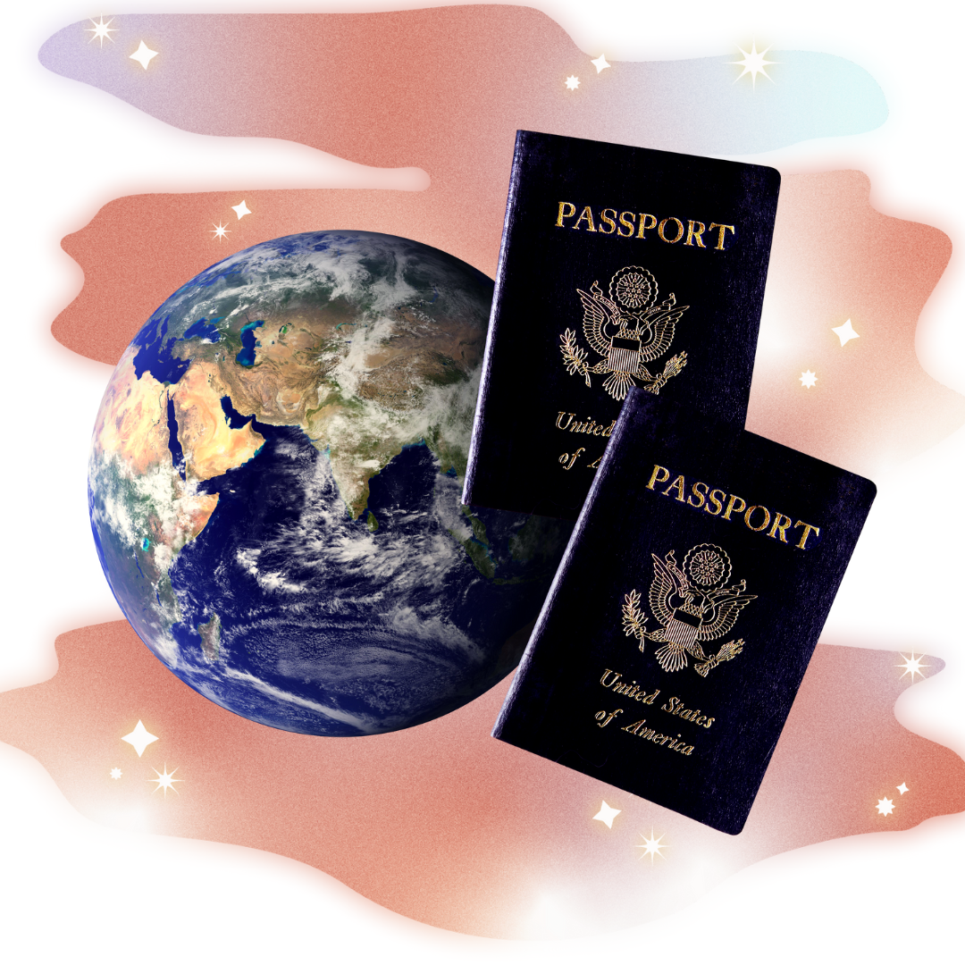 Passports and the earth against a dreamy blue and pink starry background