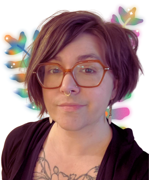 Image of the author, Stephanie Boucher, a white woman with short brown hair, glasses, a septum piercing and tattoos